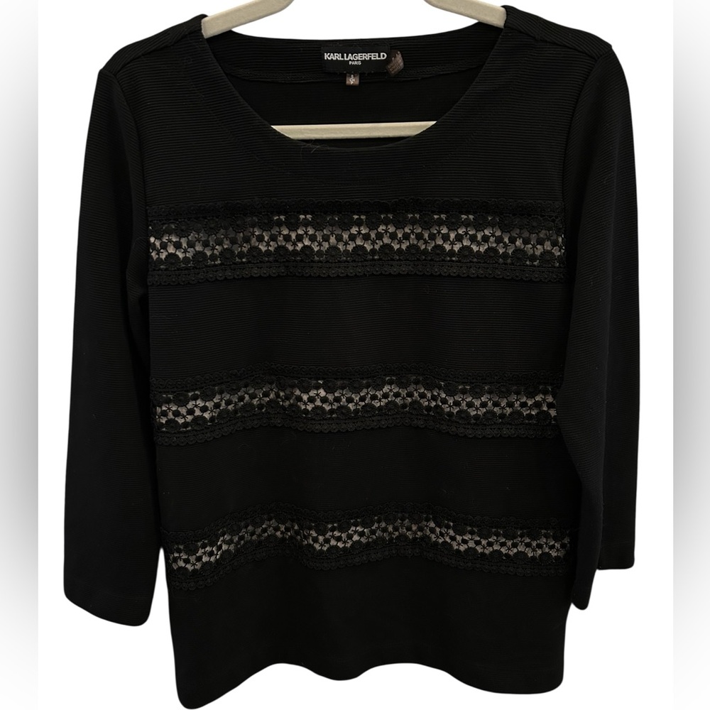 Karl Lagerfeld Black Lace Trim Women's Top Sz S fully lined EUC